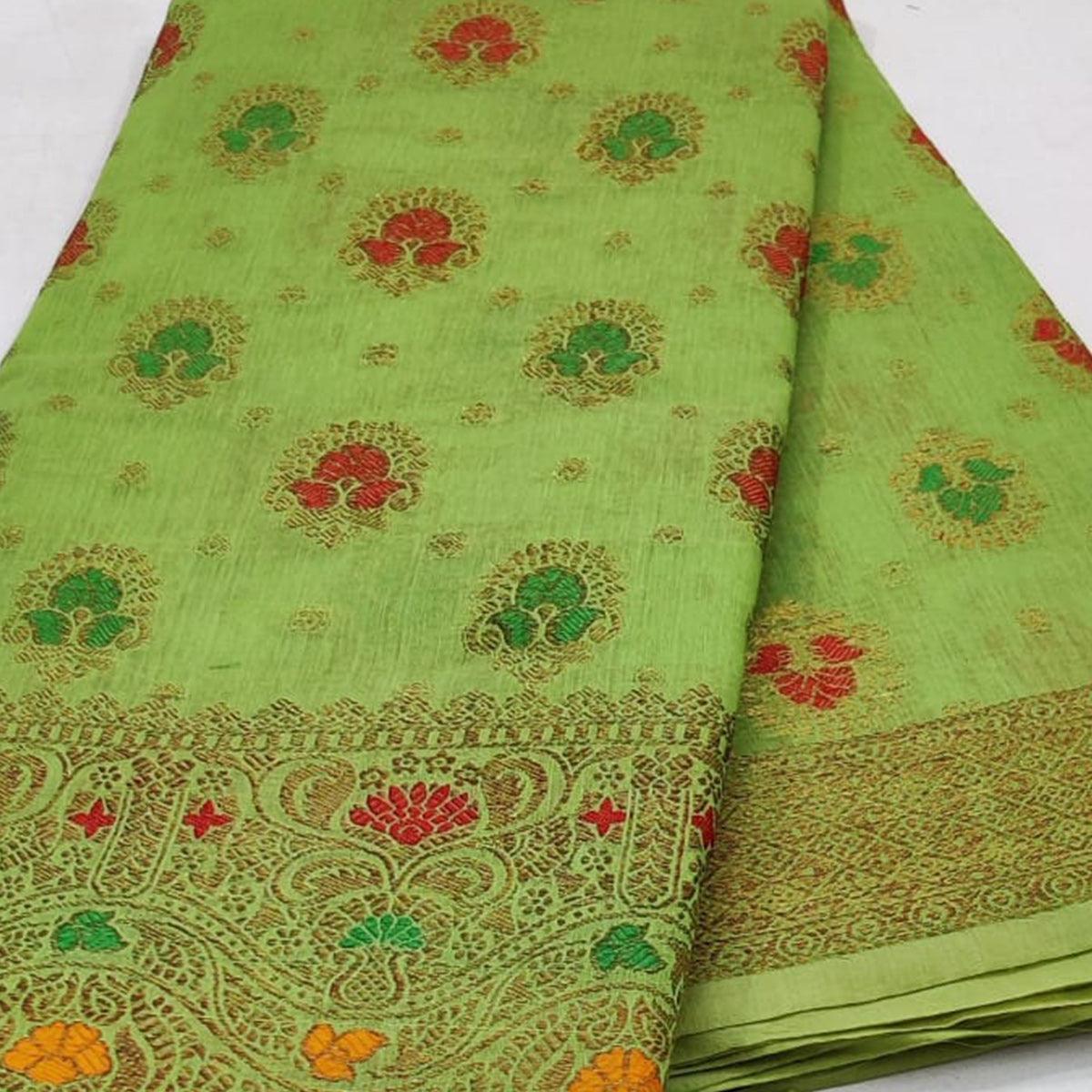 Green Festive Wear Floral Woven Cotton Saree With Meena Butta Pallu - Peachmode