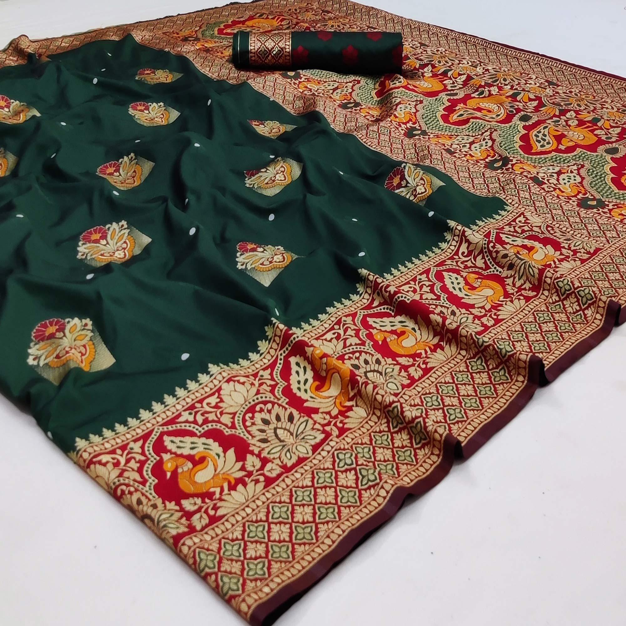 Green Festive Wear Floral Woven Designer Soft Silk Banarasi Saree - Peachmode