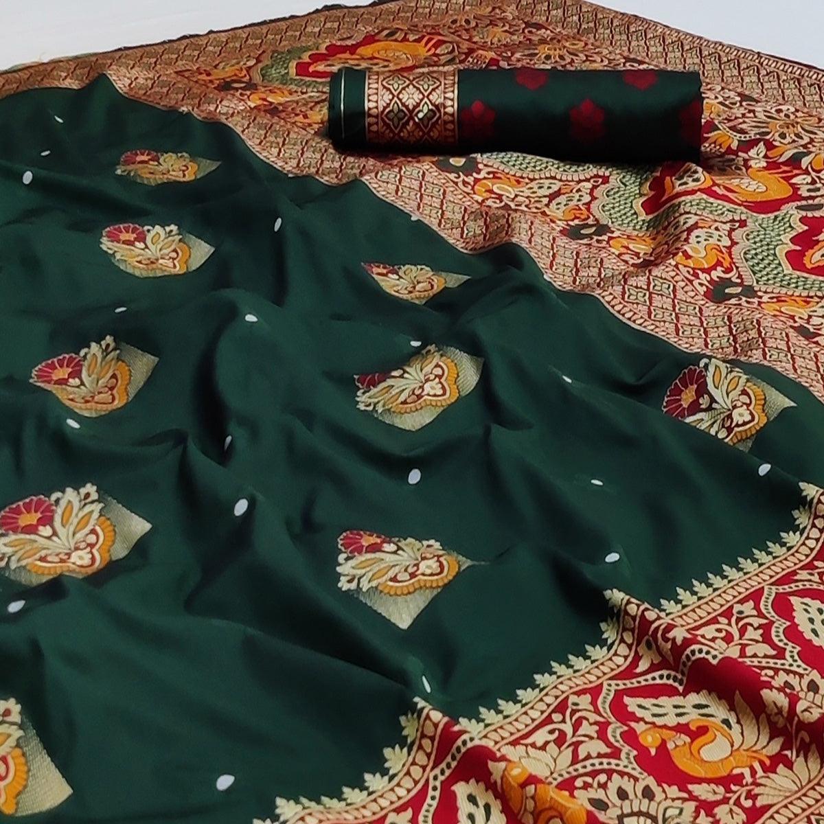 Green Festive Wear Floral Woven Designer Soft Silk Banarasi Saree - Peachmode