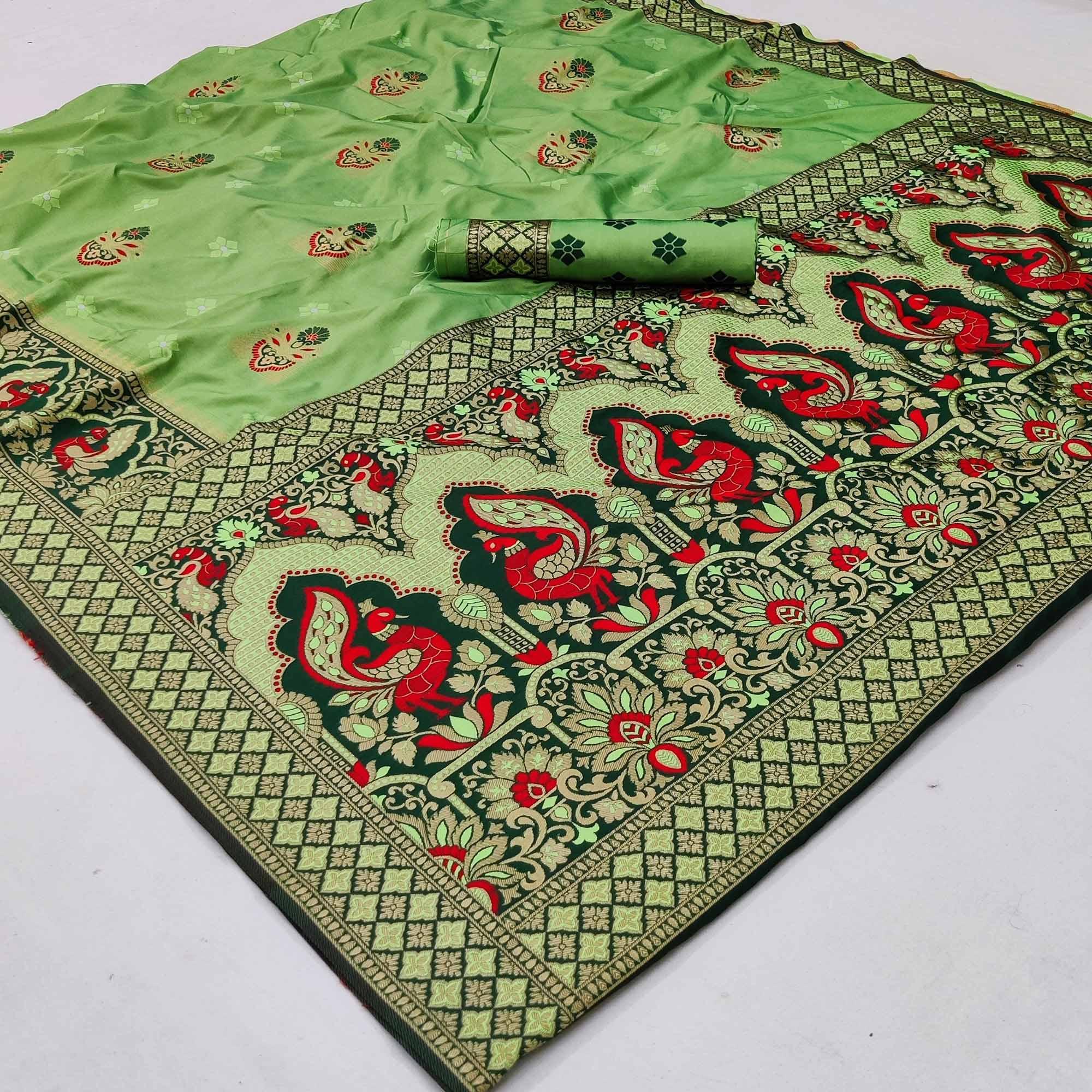 Green Festive Wear Floral Woven Designer Soft Silk Banarasi Saree - Peachmode
