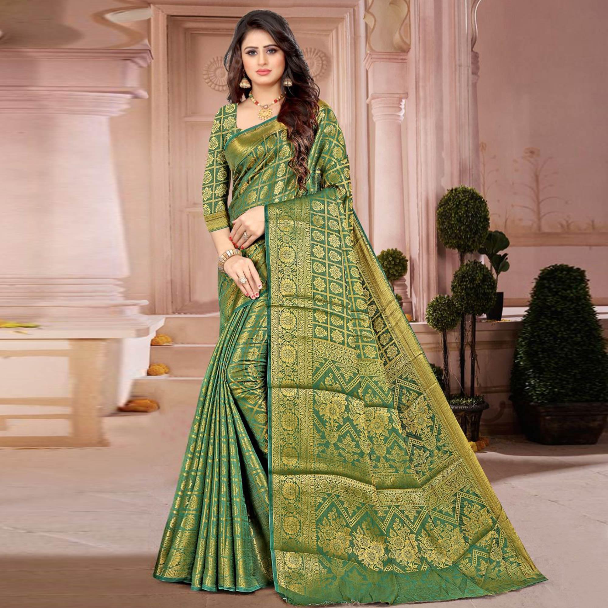 Green Festive Wear Floral Woven Kanjeevaram Silk Saree - Peachmode