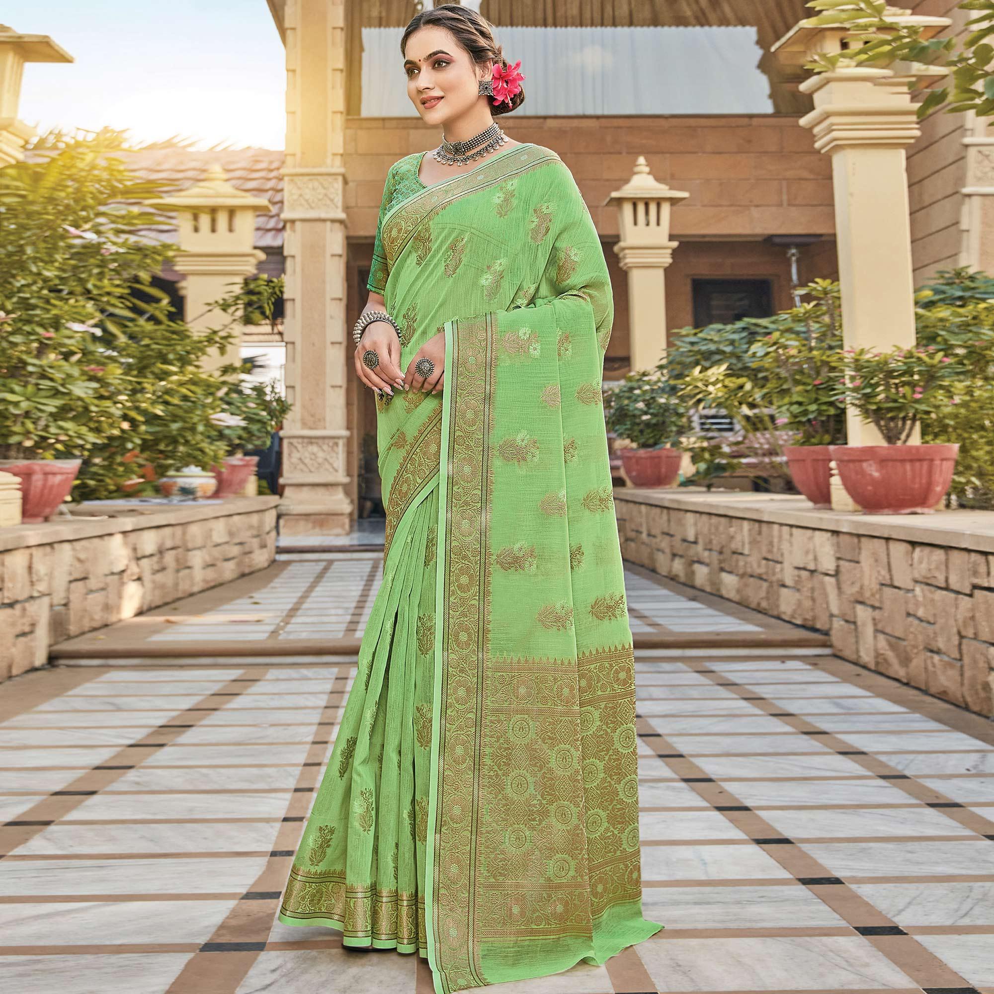 Green Festive Wear Floral Woven Linen Saree - Peachmode
