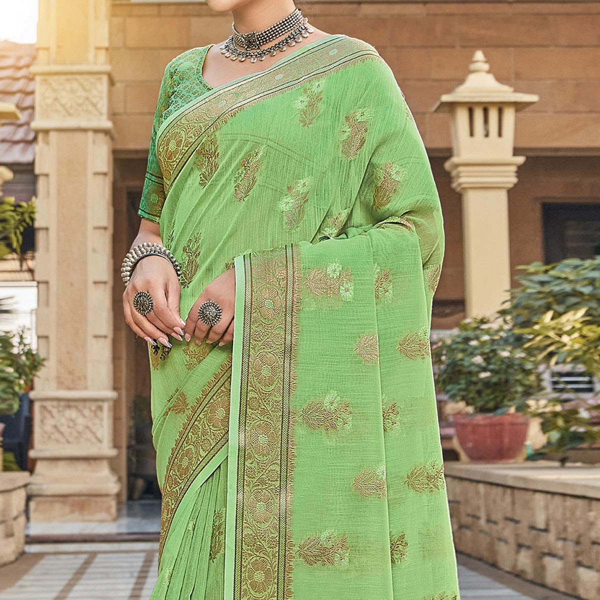 Green Festive Wear Floral Woven Linen Saree - Peachmode