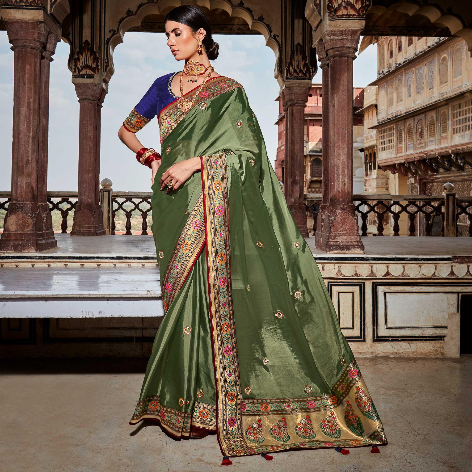 Green Festive Wear Floral Woven Silk Saree - Peachmode