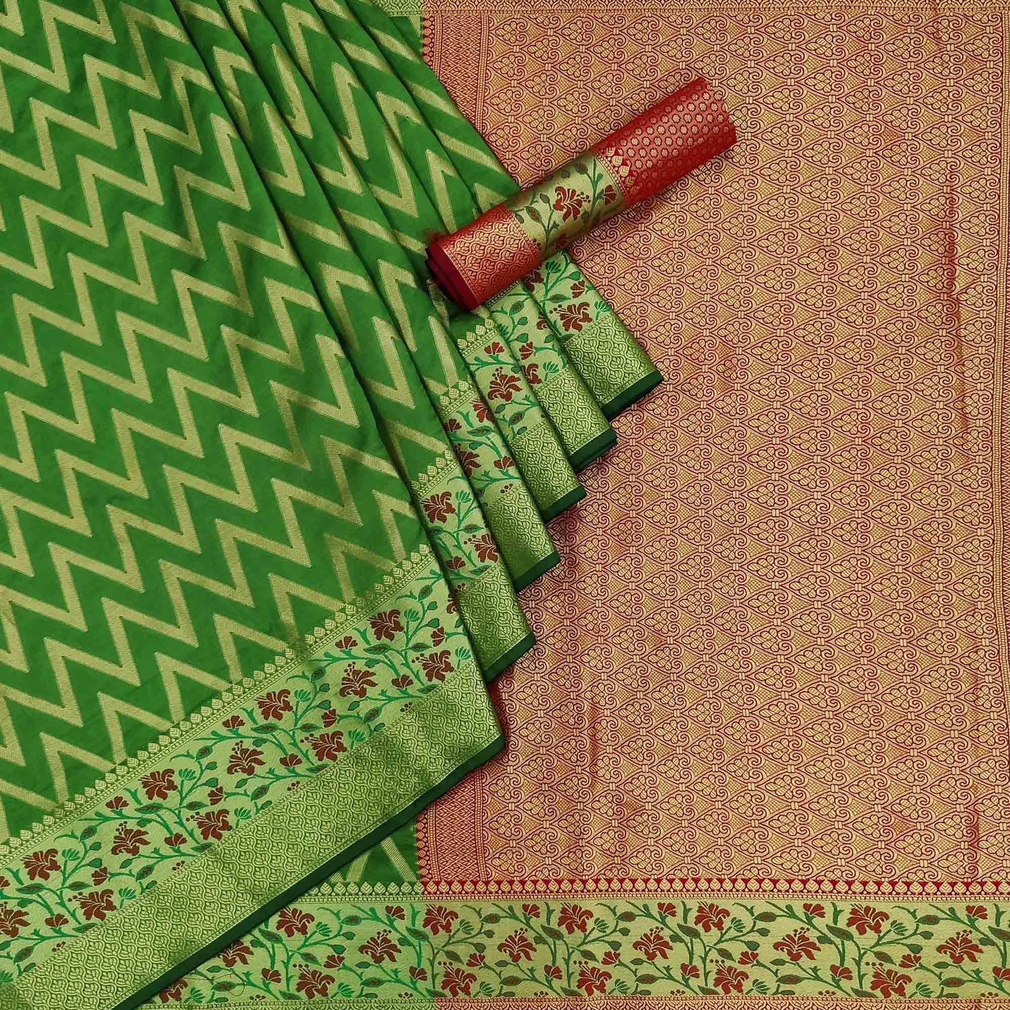 Green Festive Wear Floral Woven Silk Saree - Peachmode