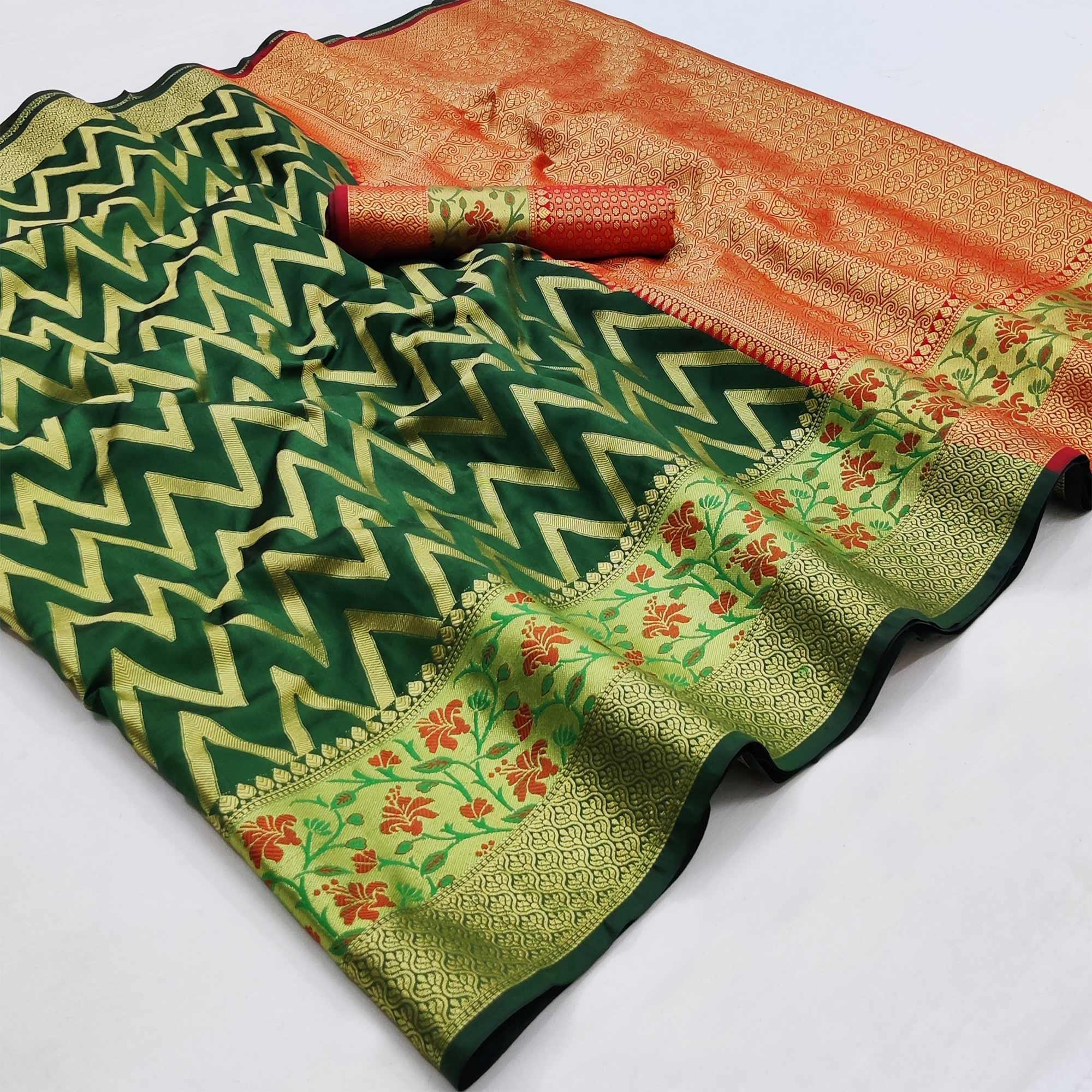 Green Festive Wear Floral Woven Silk Saree - Peachmode