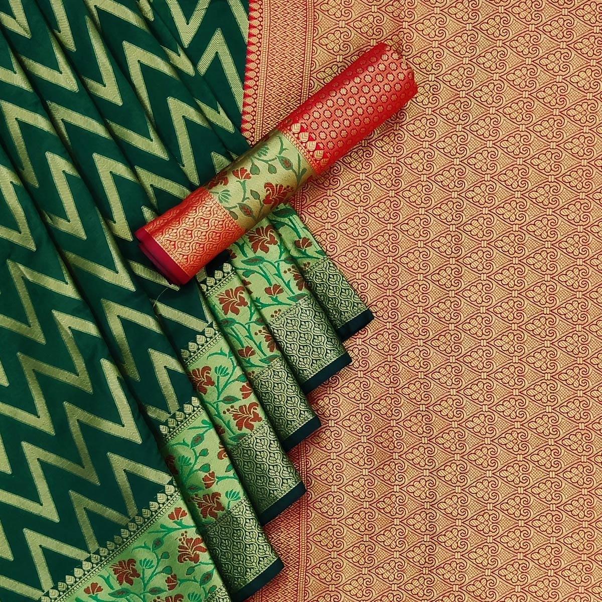 Green Festive Wear Floral Woven Silk Saree - Peachmode