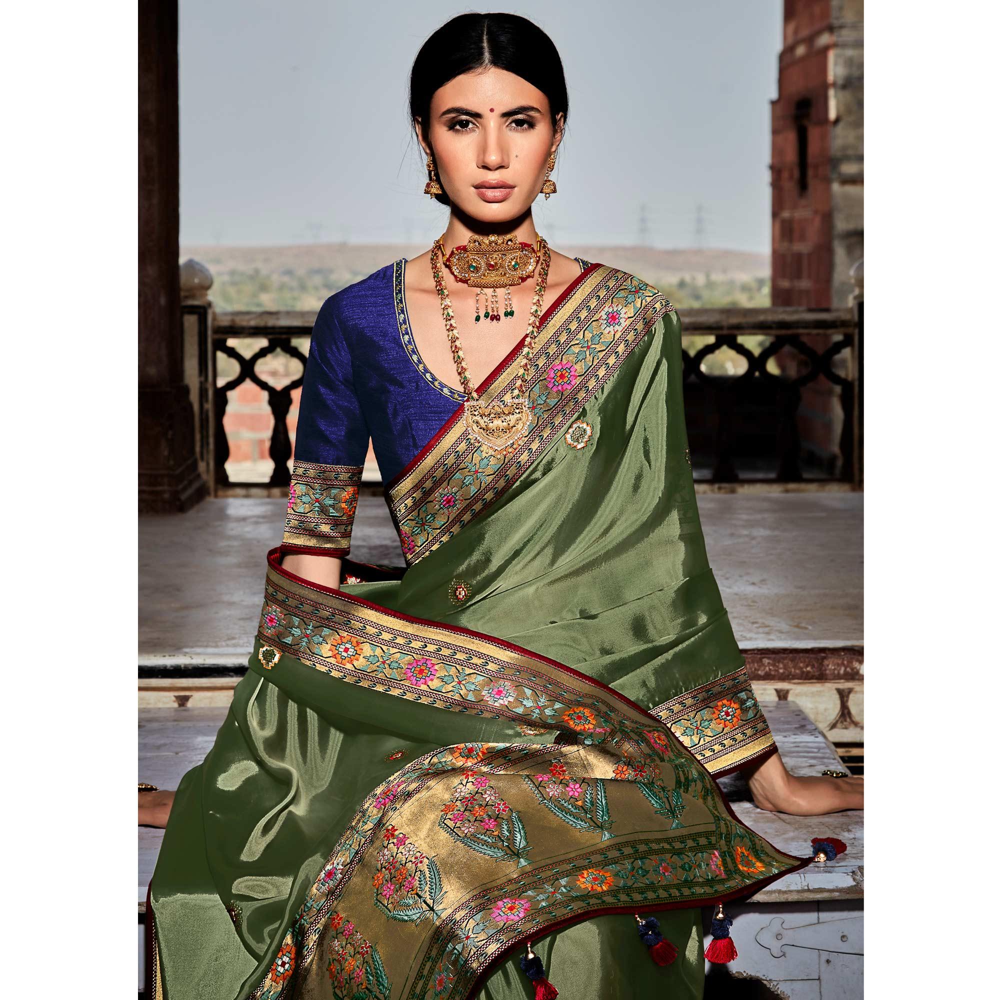Green Festive Wear Floral Woven Silk Saree - Peachmode
