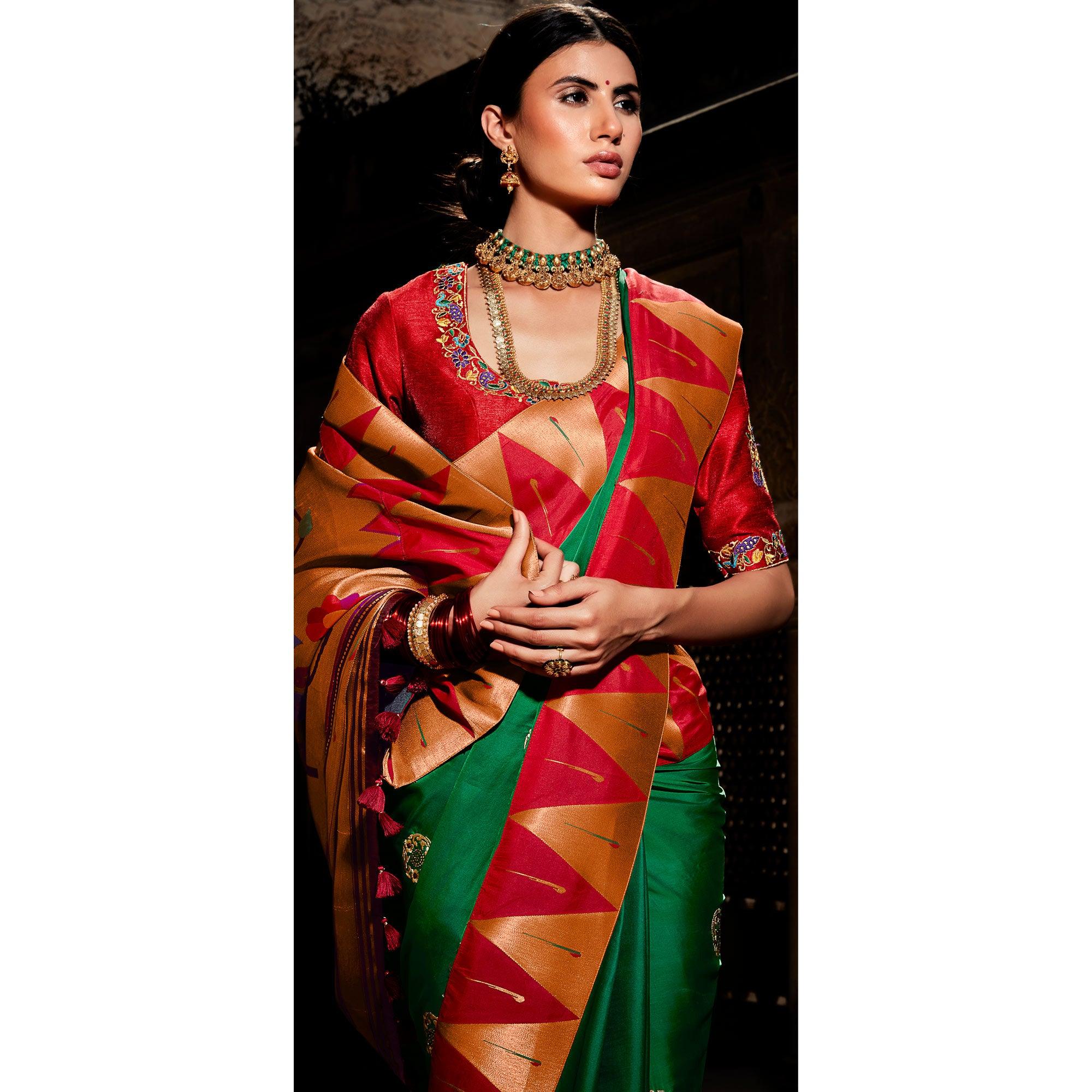Green Festive Wear Floral Woven Silk Saree - Peachmode