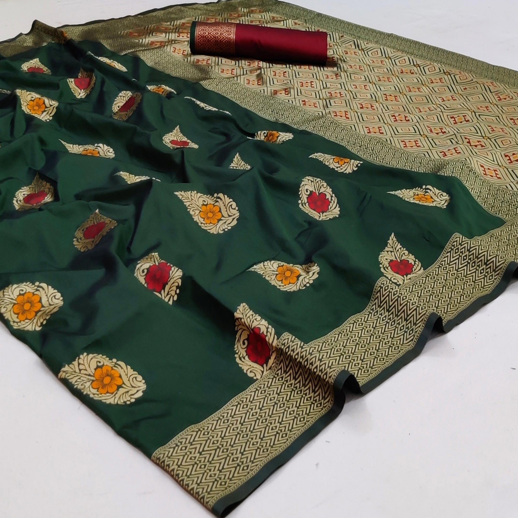 Green Festive Wear Floral Woven Soft Silk Banarasi Saree - Peachmode