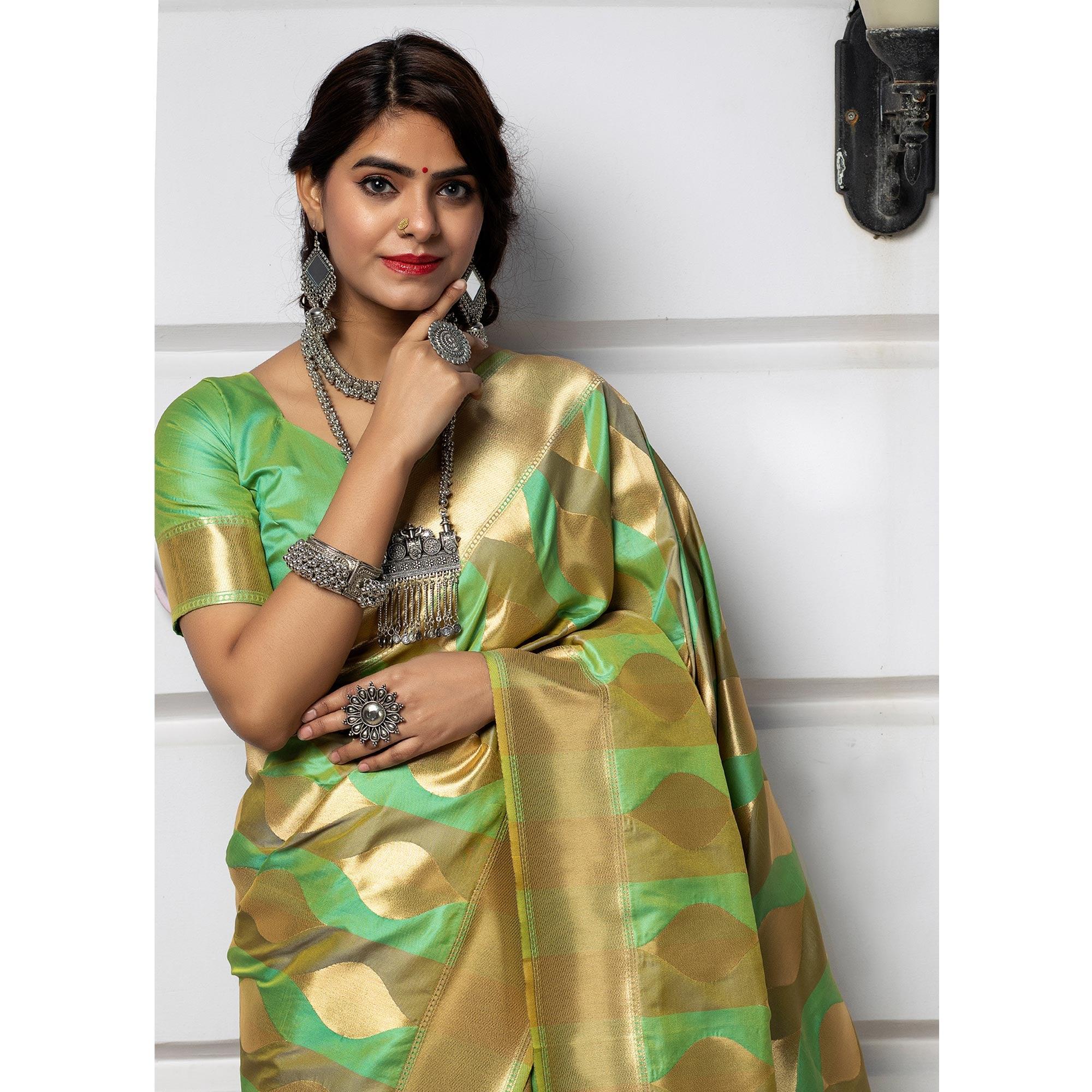 Green Festive Wear Foil Printed Banarasi Silk Saree - Peachmode