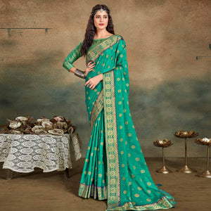 Green Festive Wear Foil Work Chiffon Saree With Banarasi Border - Peachmode