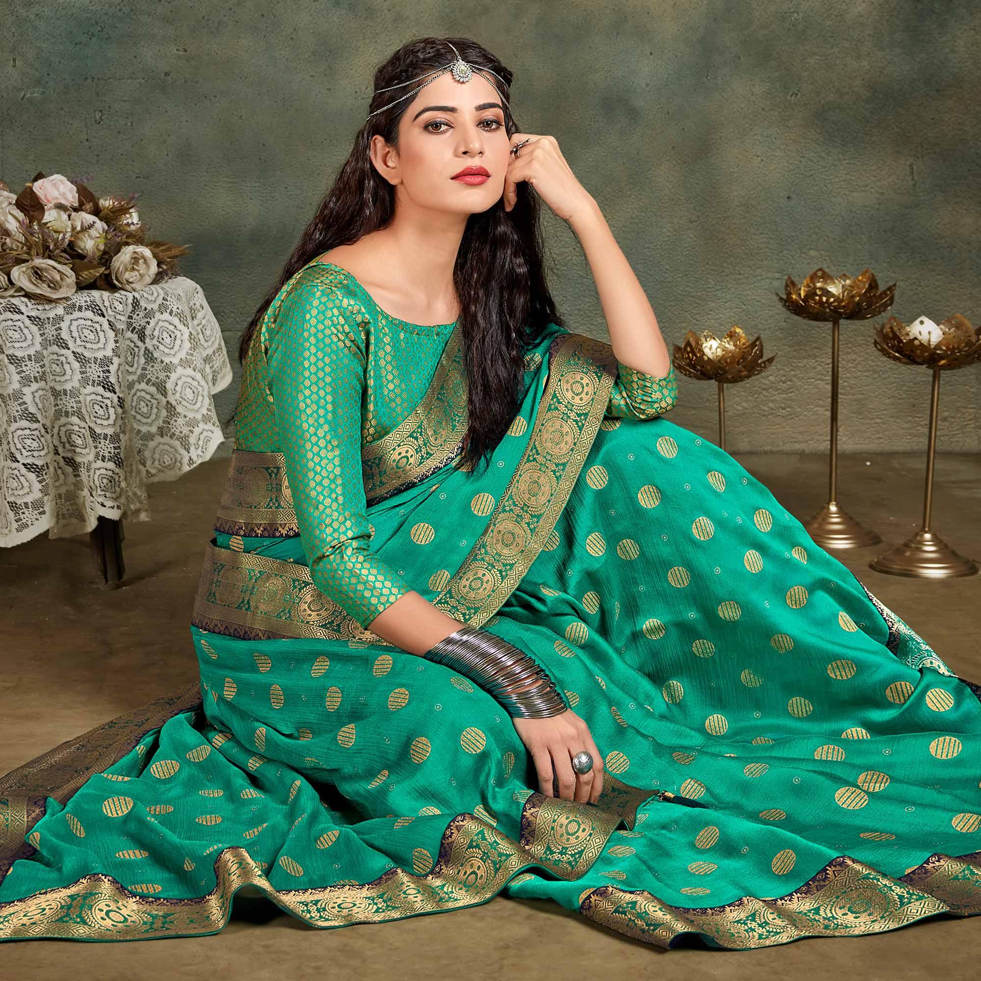 Green Festive Wear Foil Work Chiffon Saree With Banarasi Border - Peachmode