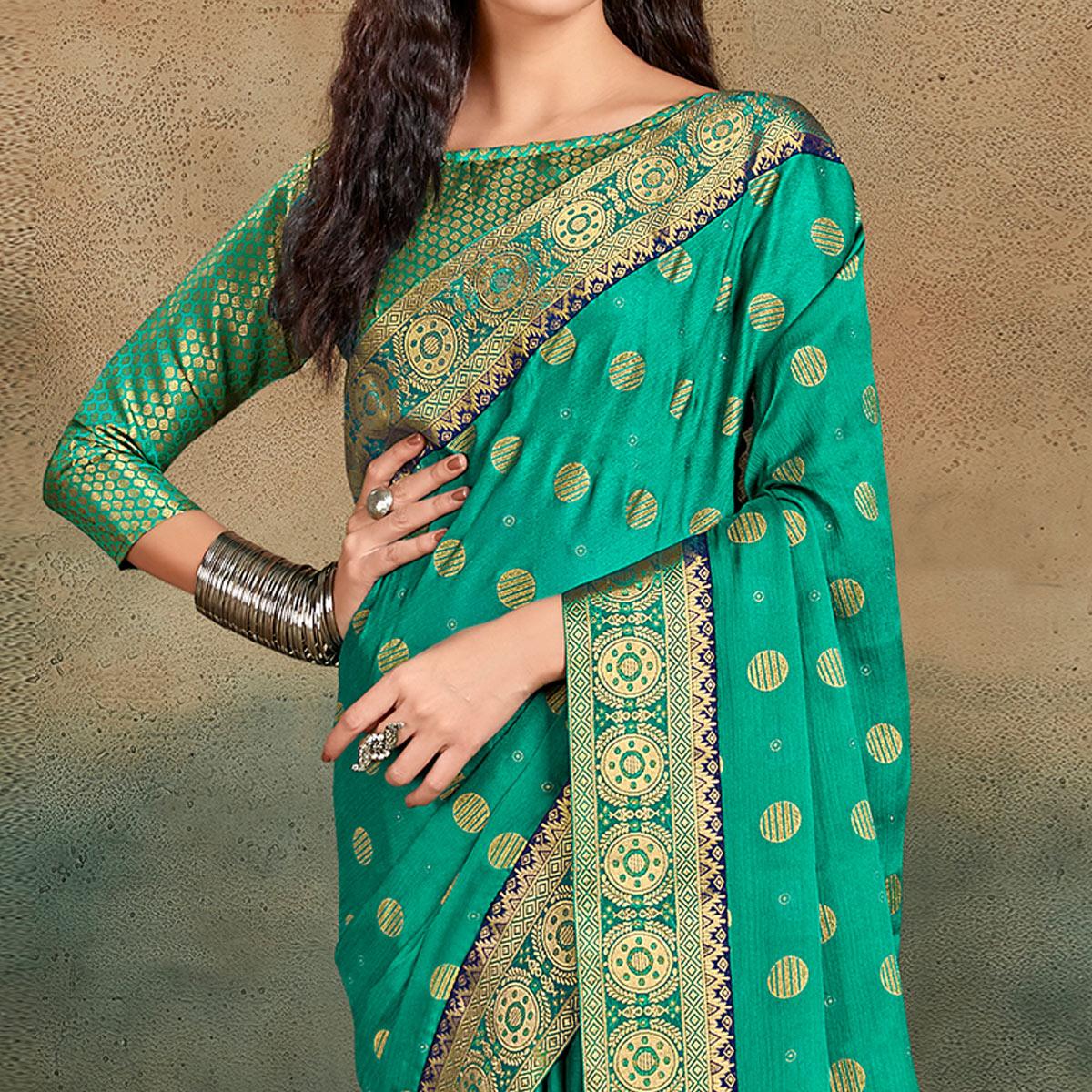 Green Festive Wear Foil Work Chiffon Saree With Banarasi Border - Peachmode