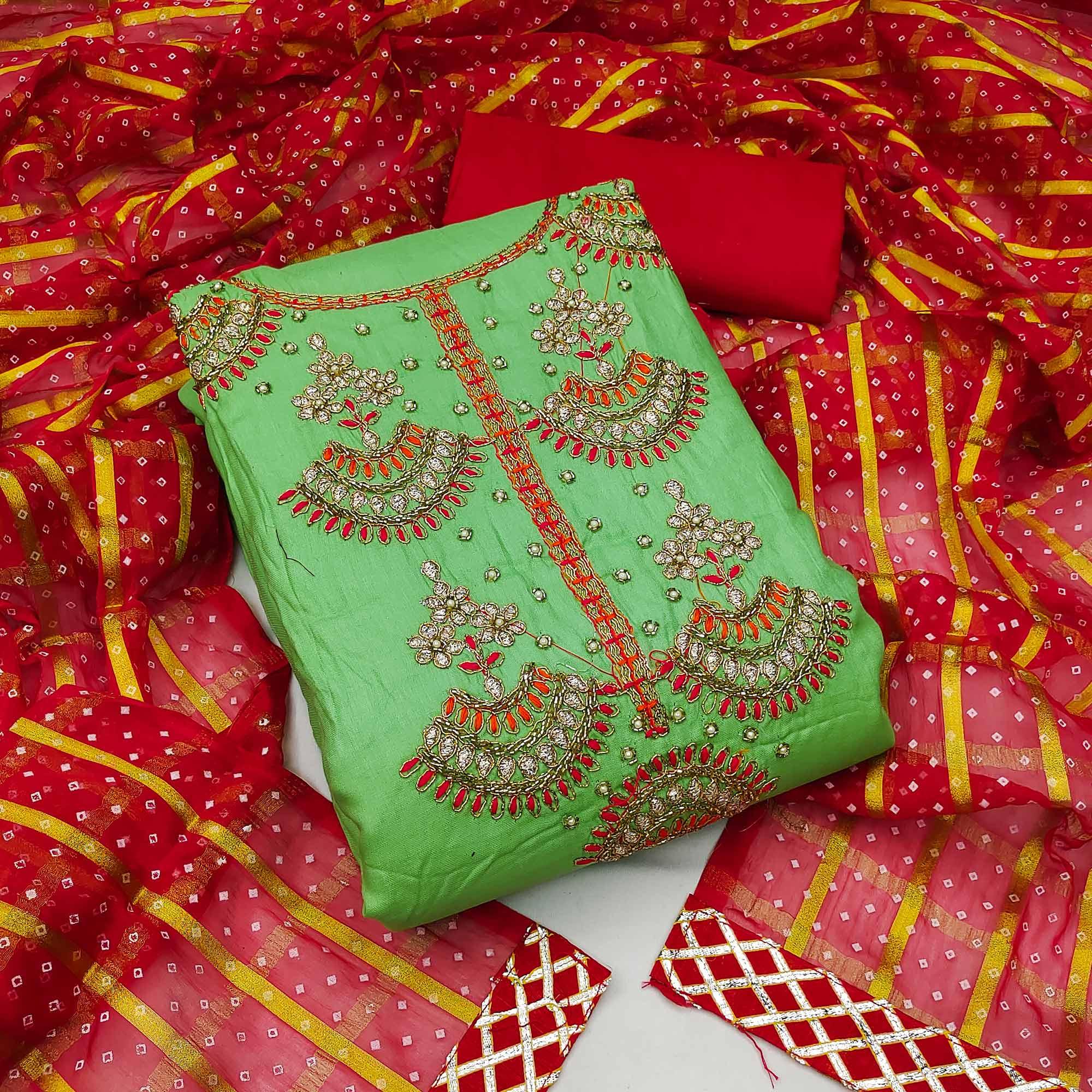 Green Festive Wear Gota With Embellished Handwrok Cotton Dress Material - Peachmode