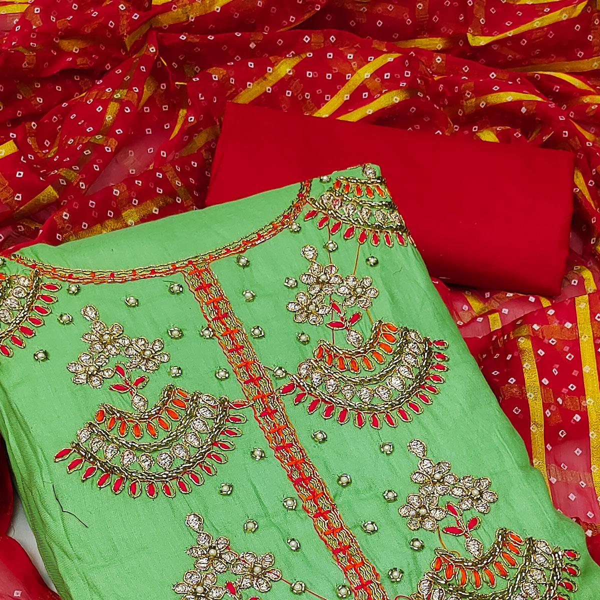 Green Festive Wear Gota With Embellished Handwrok Cotton Dress Material - Peachmode