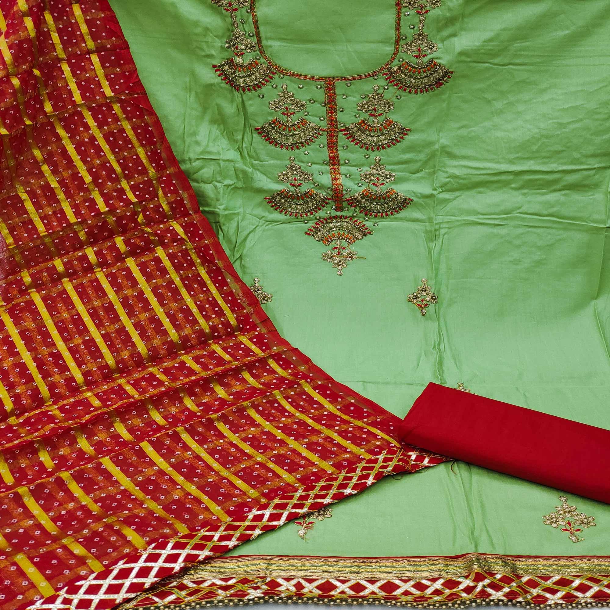 Green Festive Wear Gota With Embellished Handwrok Cotton Dress Material - Peachmode