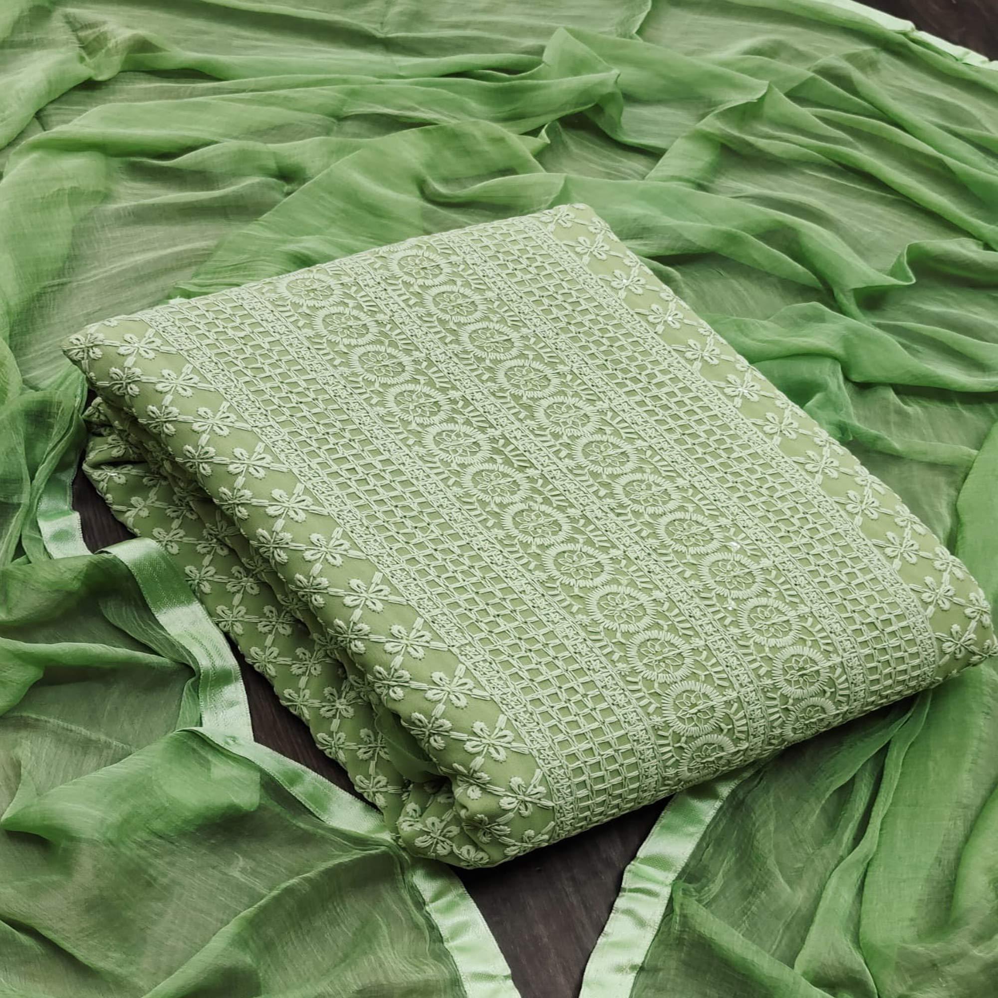 Green Festive Wear Heavy Embroidered Georgette Dress Material - Peachmode