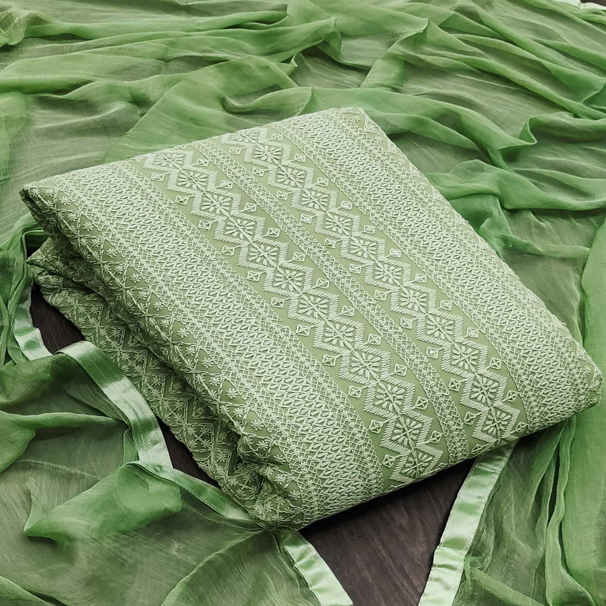 Green Festive Wear Heavy Embroidered Georgette Dress Material - Peachmode