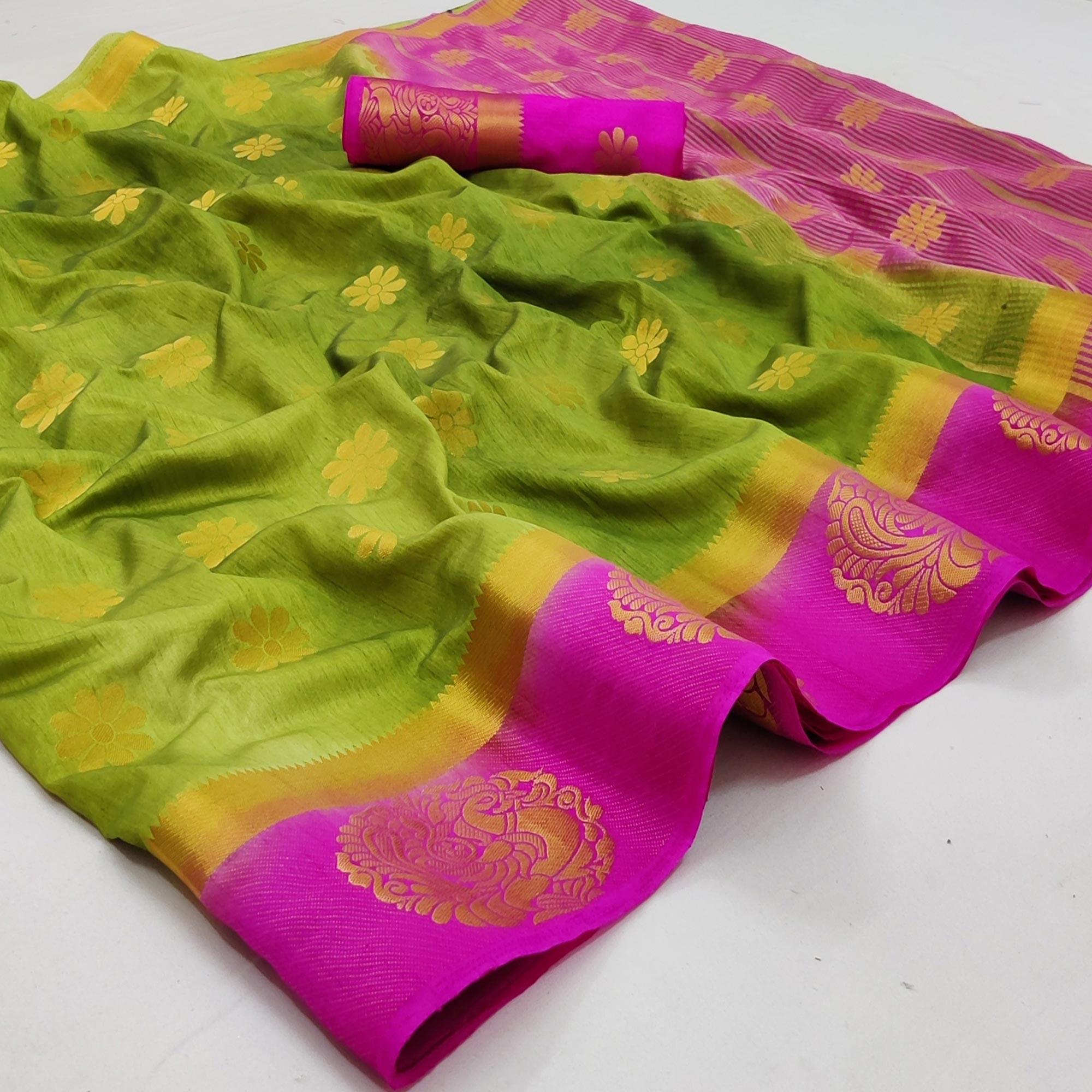 Green Festive Wear Jacquard Border Soft Silk Saree - Peachmode