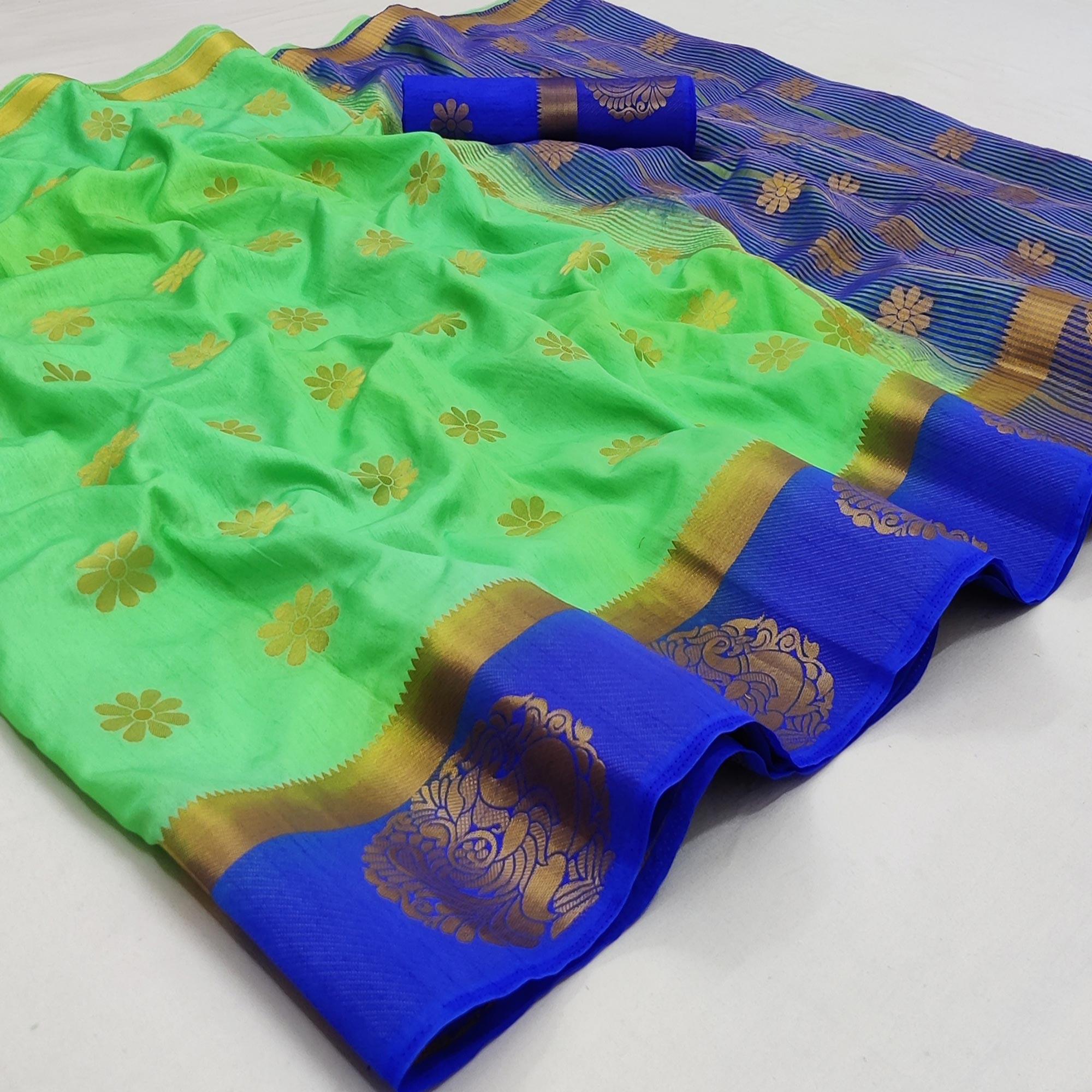 Green Festive Wear Jacquard Border Soft Silk Saree - Peachmode