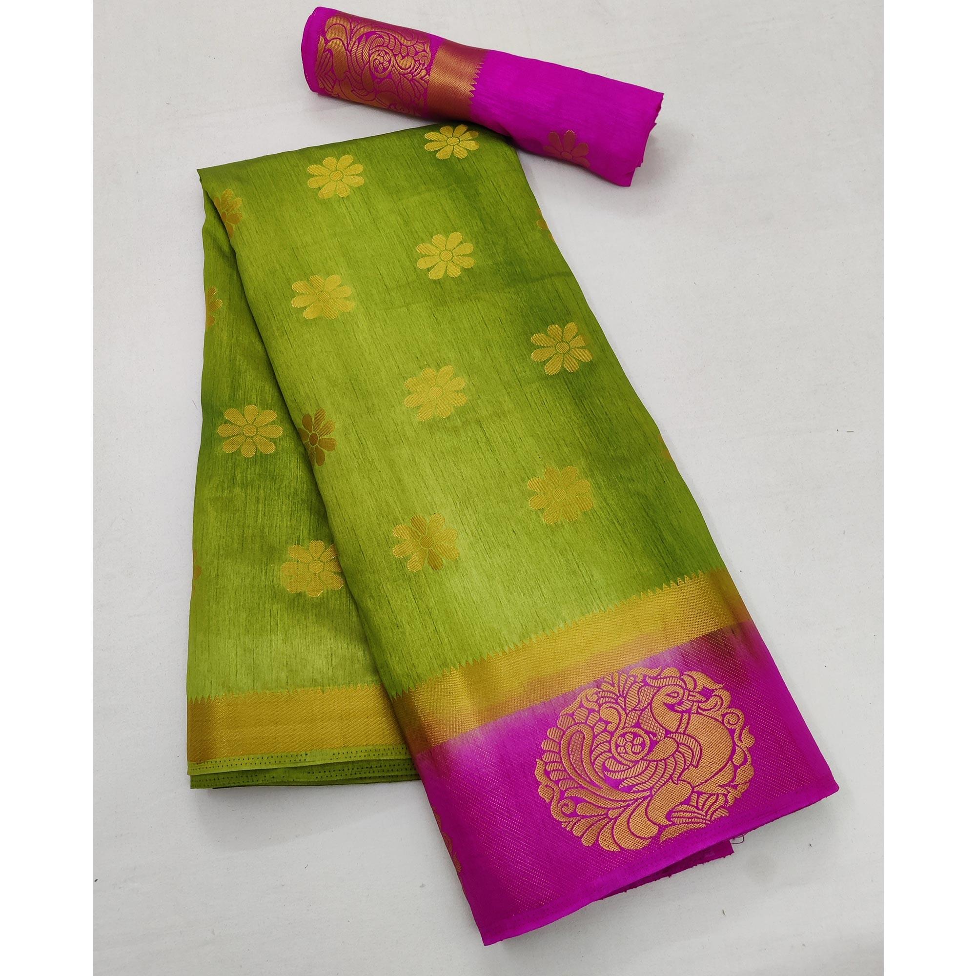 Green Festive Wear Jacquard Border Soft Silk Saree - Peachmode