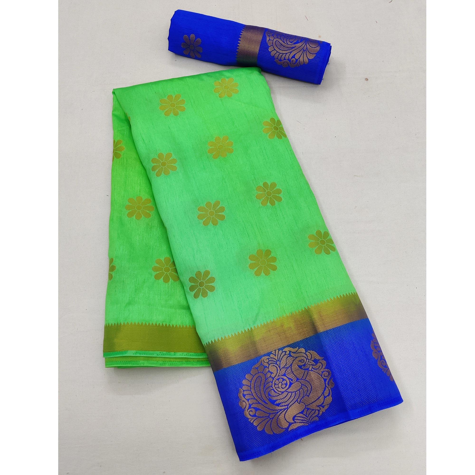 Green Festive Wear Jacquard Border Soft Silk Saree - Peachmode