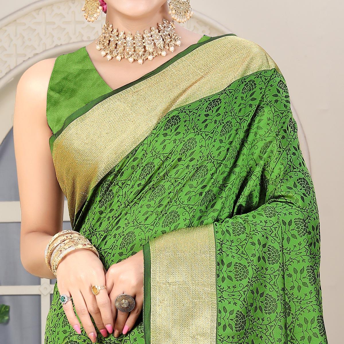 Green Festive Wear Jacquard Border Soft Silk Saree - Peachmode
