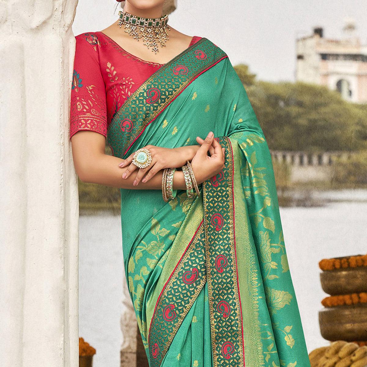 Green Festive Wear Jari Work Silk Saree - Peachmode