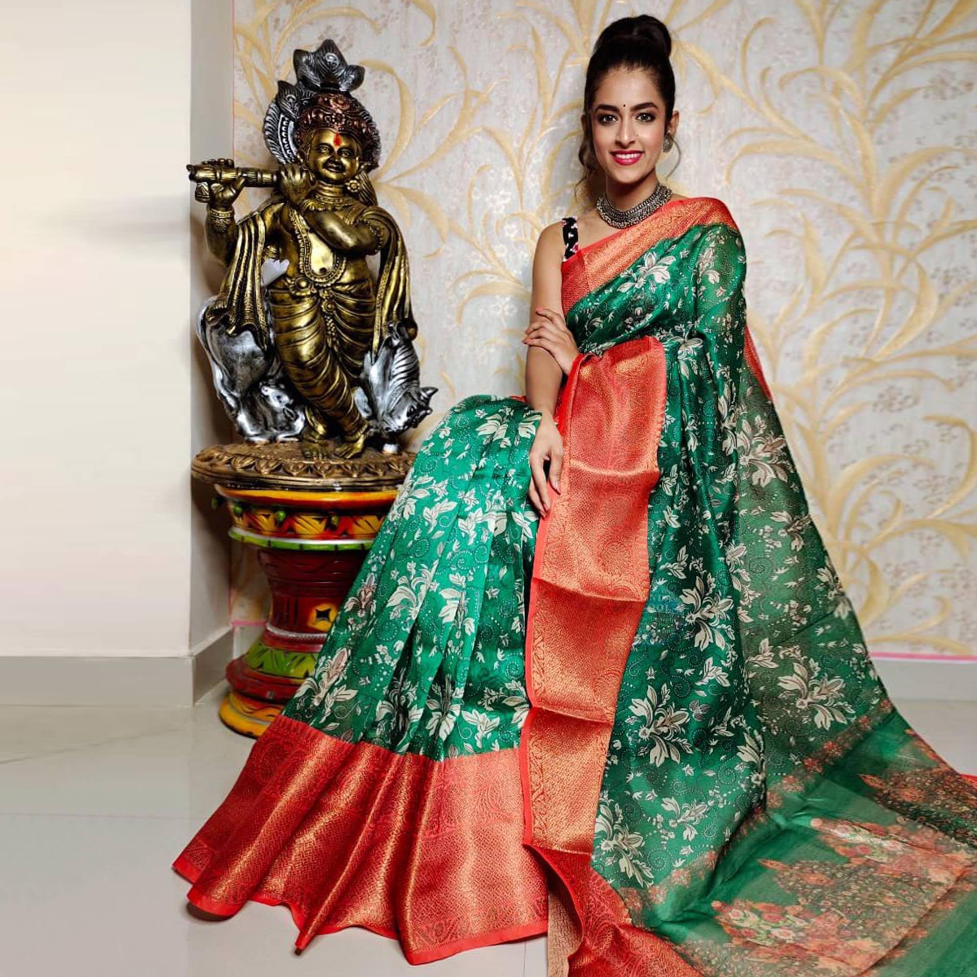 Green Festive Wear Kalamkari Printed Chanderi Silk Saree With Zari Weaving Border - Peachmode