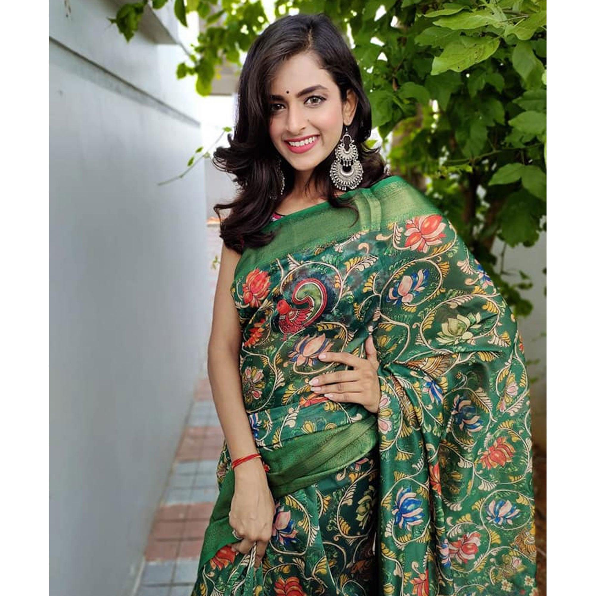 Green Festive Wear Kalamkari Printed Chanderi Silk Saree With Zari Weaving Border - Peachmode