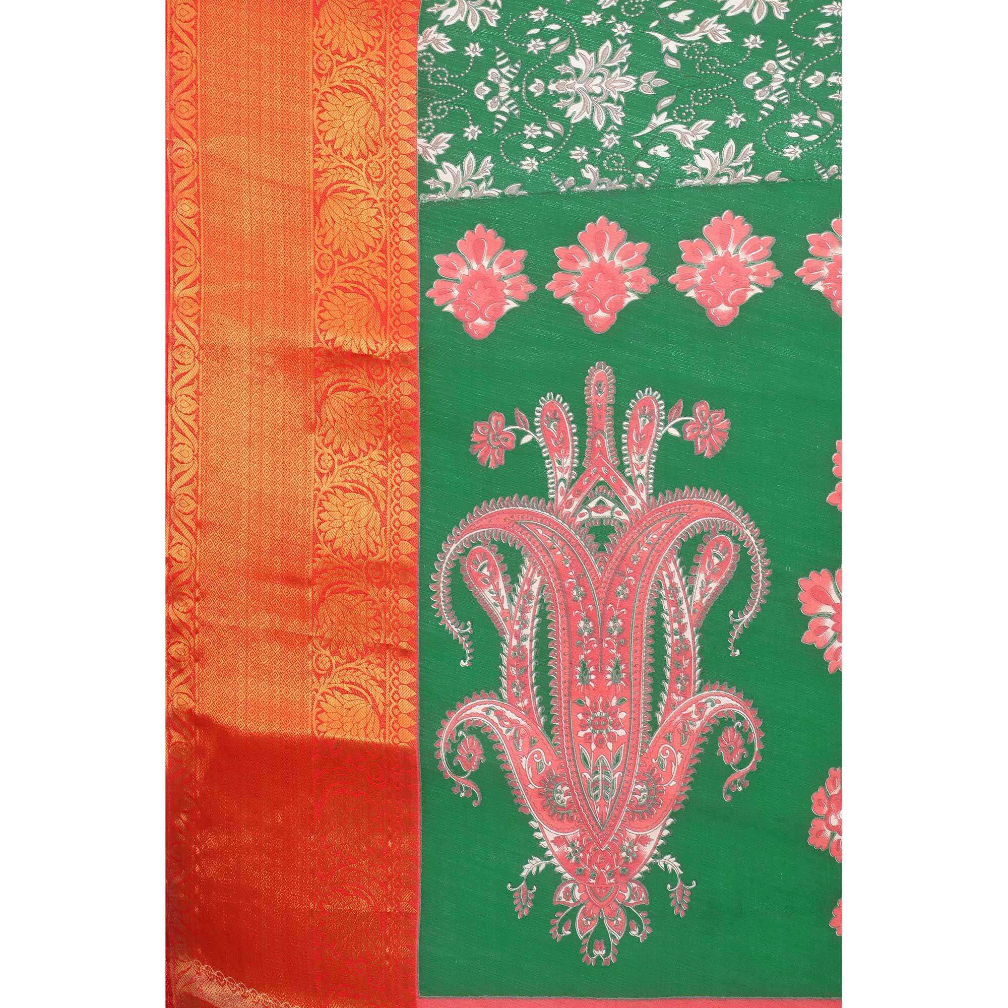 Green Festive Wear Kalamkari Printed Chanderi Silk Saree With Zari Weaving Border - Peachmode