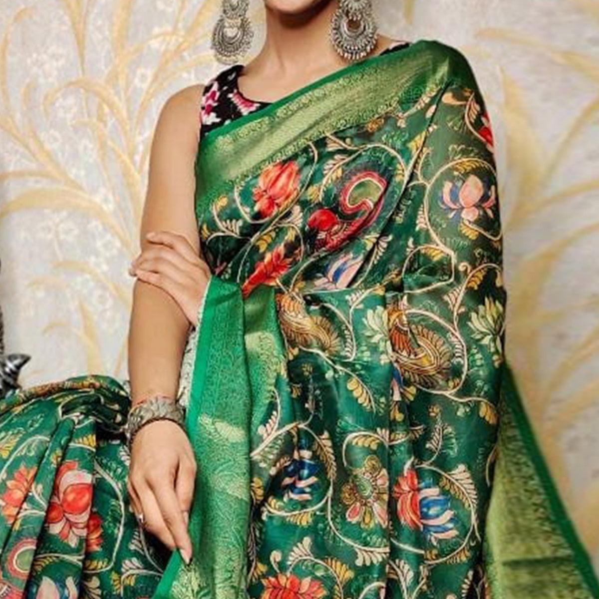 Green Festive Wear Kalamkari Printed Chanderi Silk Saree With Zari Weaving Border - Peachmode