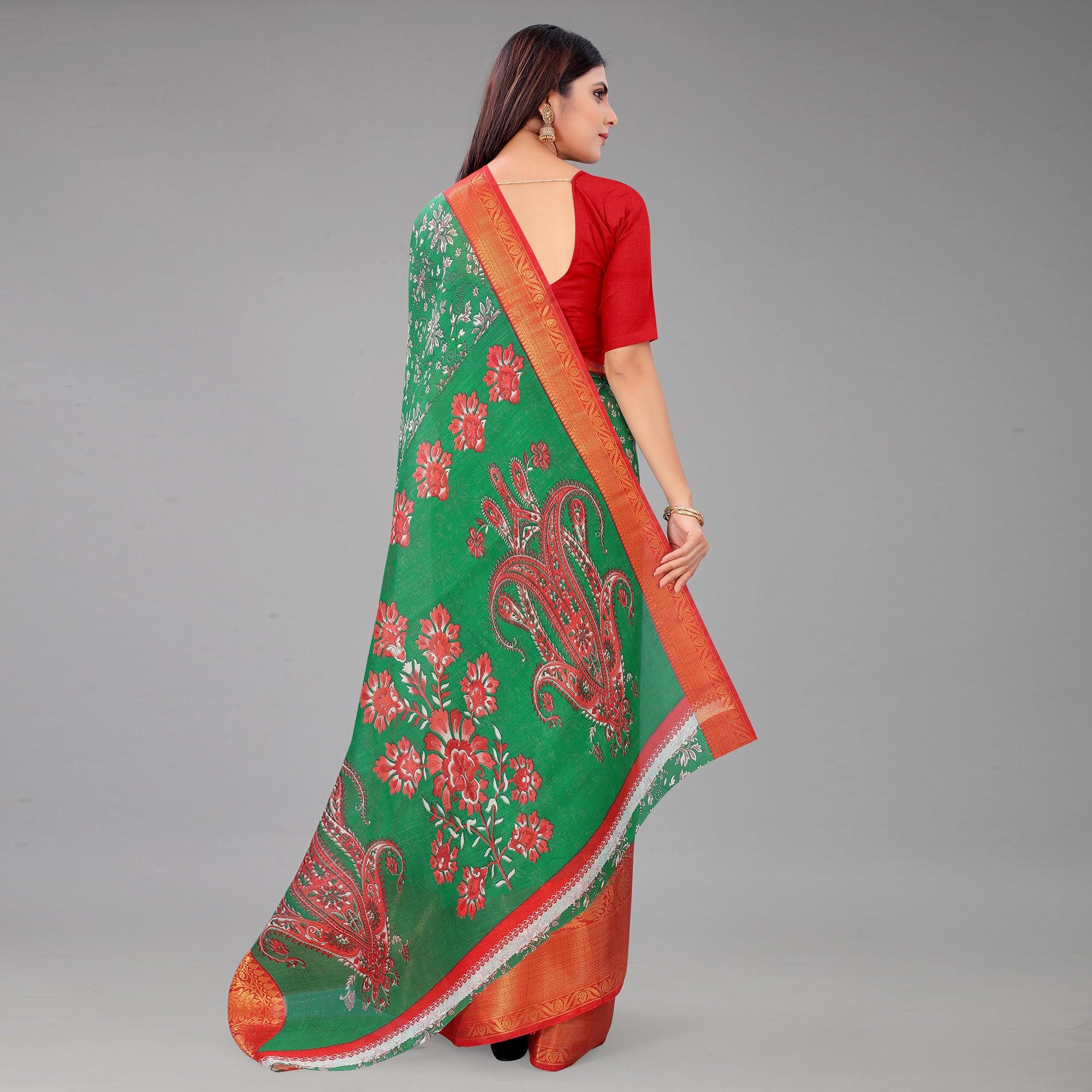Green Festive Wear Kalamkari Printed Chanderi Silk Saree With Zari Weaving Border - Peachmode