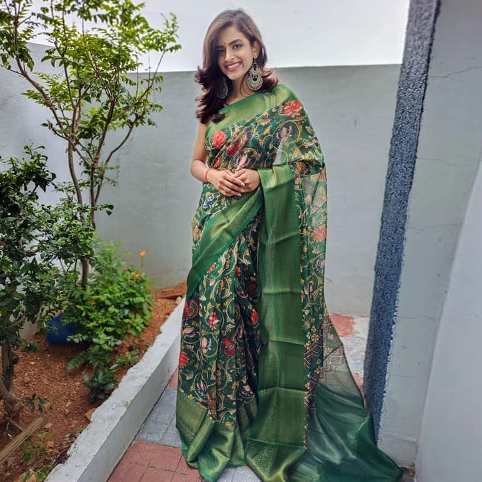 Green Festive Wear Kalamkari Printed Chanderi Silk Saree With Zari Weaving Border - Peachmode