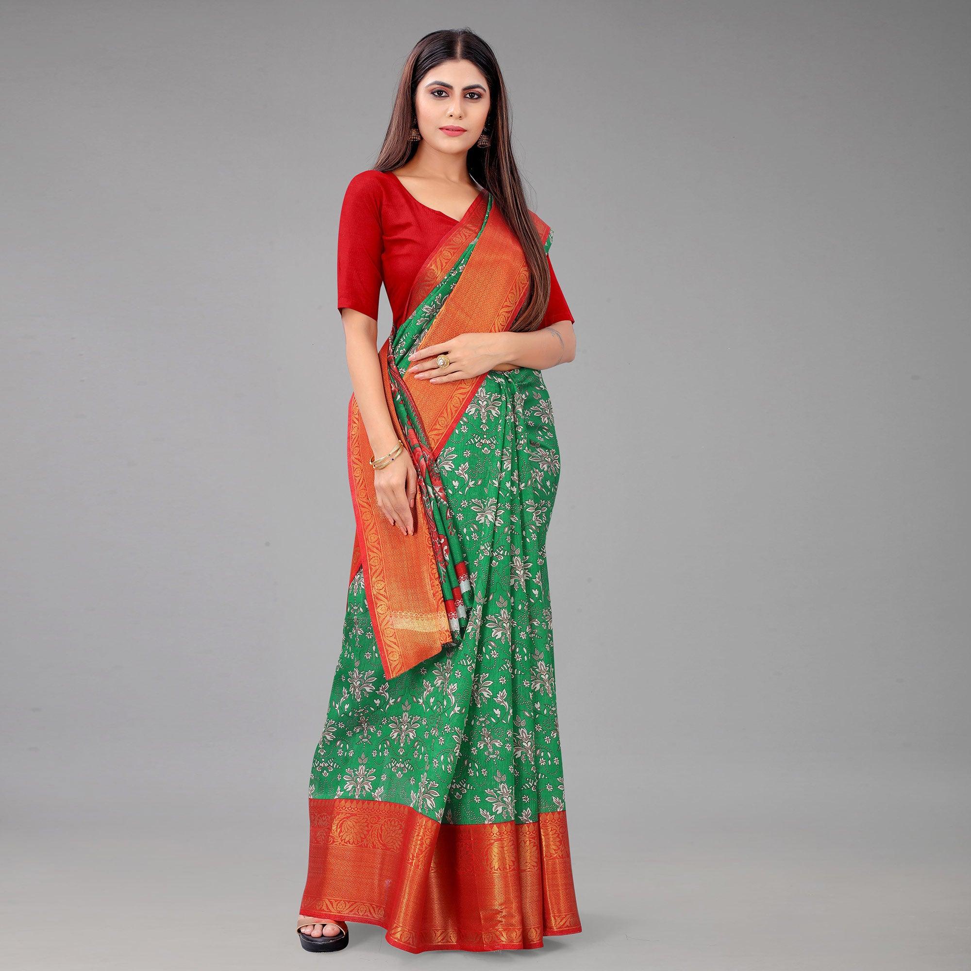 Green Festive Wear Kalamkari Printed Chanderi Silk Saree With Zari Weaving Border - Peachmode