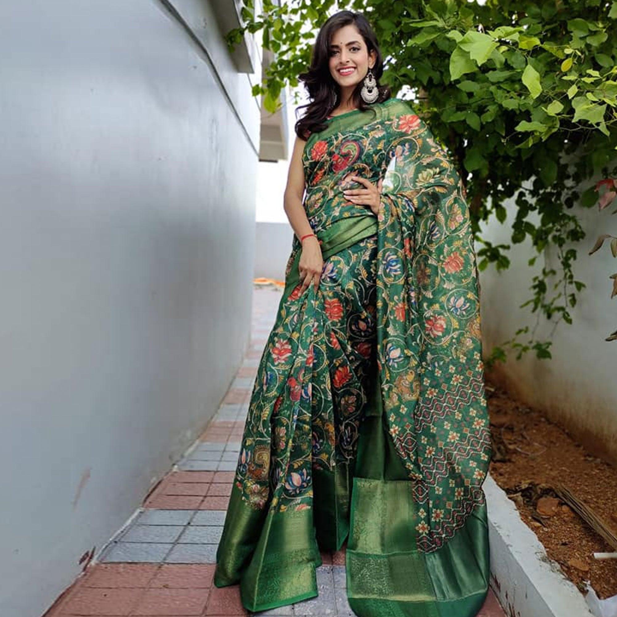 Green Festive Wear Kalamkari Printed Chanderi Silk Saree With Zari Weaving Border - Peachmode