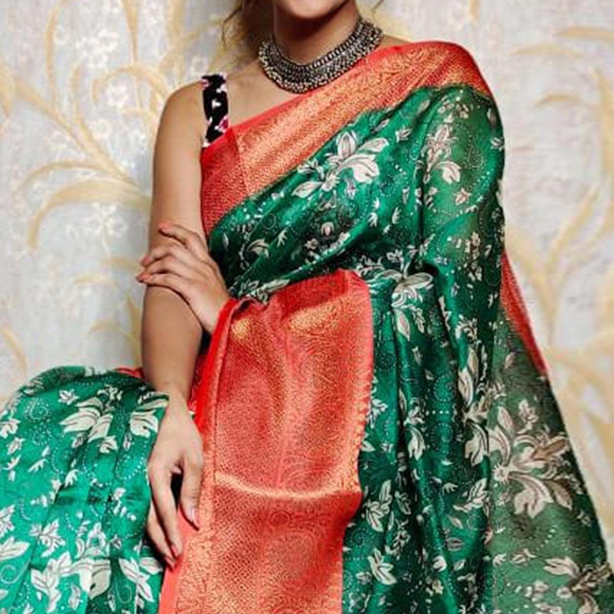 Green Festive Wear Kalamkari Printed Chanderi Silk Saree With Zari Weaving Border - Peachmode