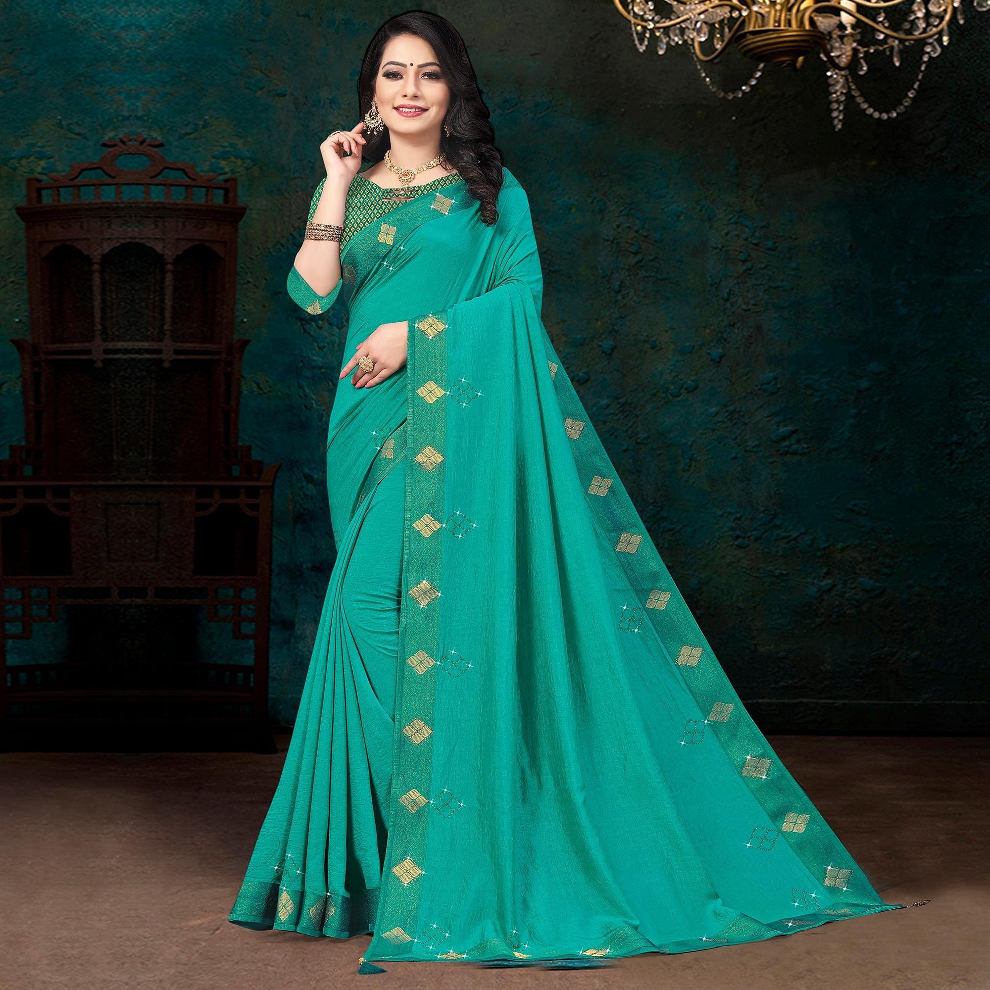 Green Festive Wear Lace With Stone Work Silk Designer Saree - Peachmode