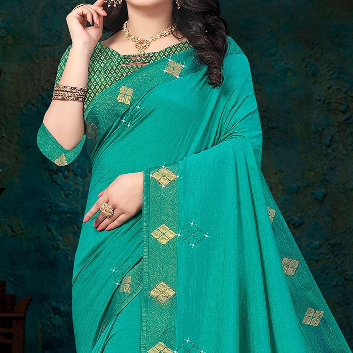 Green Festive Wear Lace With Stone Work Silk Designer Saree - Peachmode