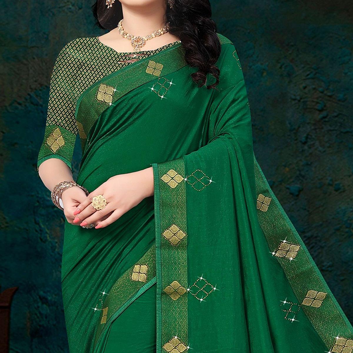 Green Festive Wear Lace With Stone Work Silk Designer Saree - Peachmode