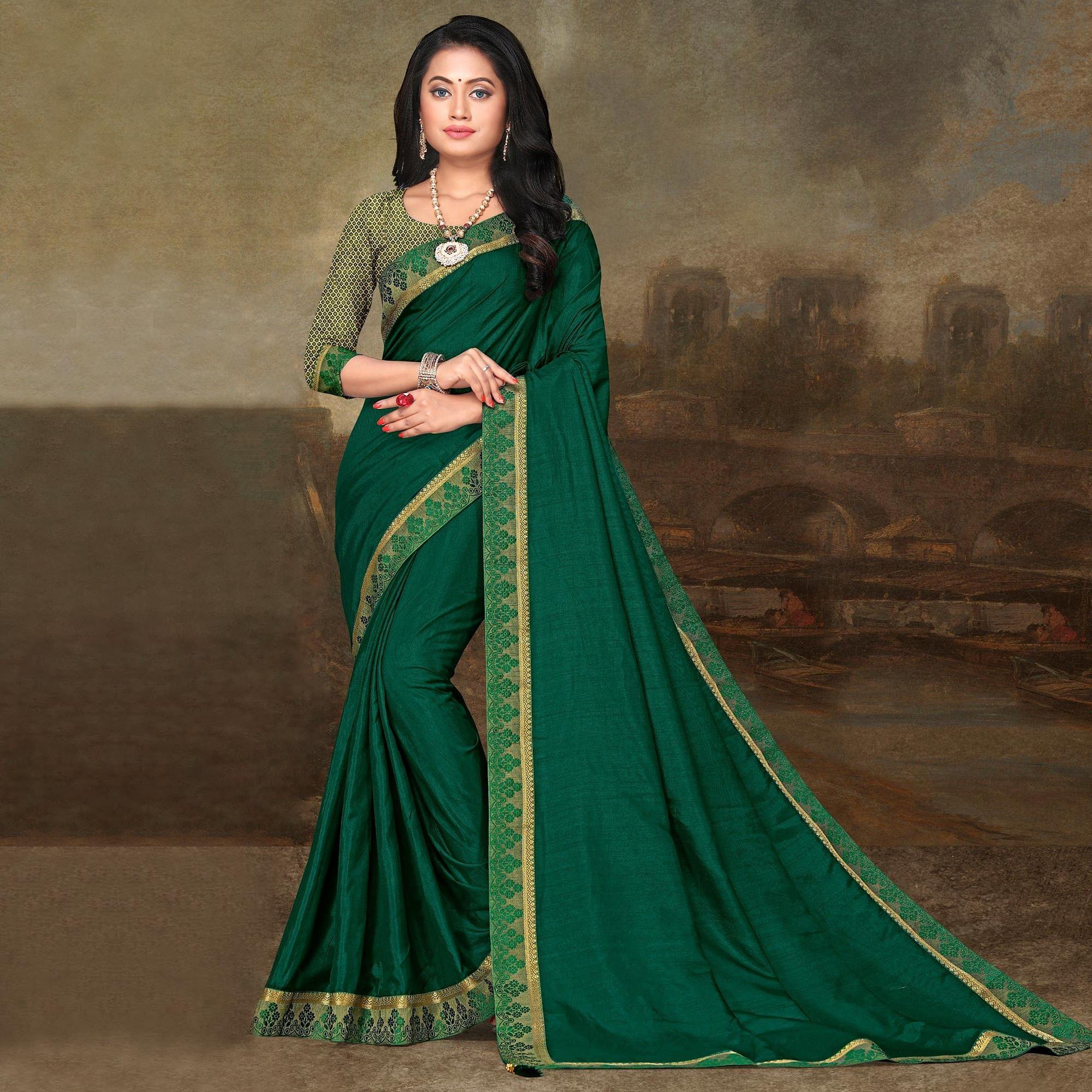 Green Festive Wear Lace Work Silk Saree - Peachmode