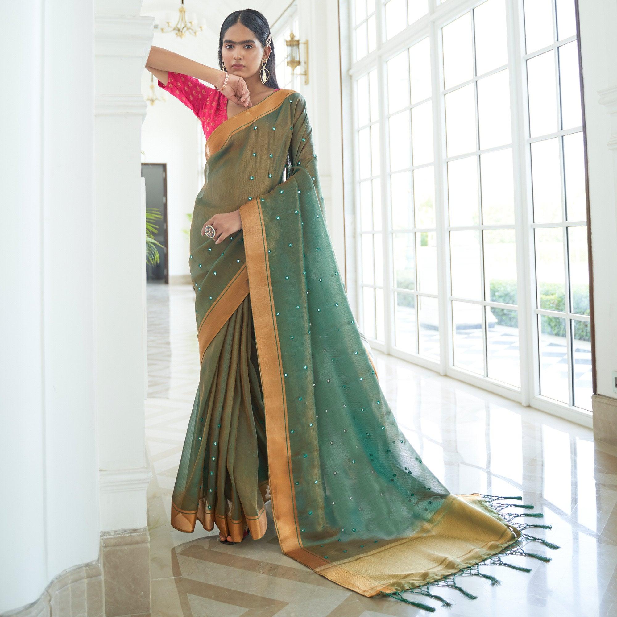 Green Festive Wear Mirror Work Handloom Silk Saree - Peachmode