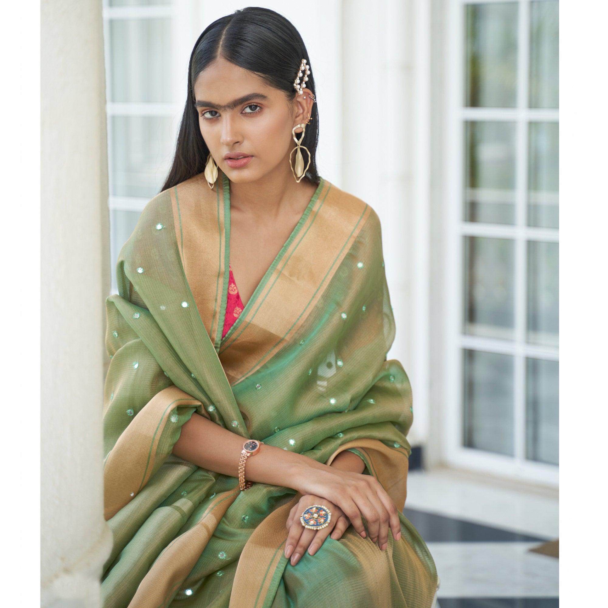 Green Festive Wear Mirror Work Handloom Silk Saree - Peachmode
