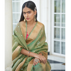 Green Festive Wear Mirror Work Handloom Silk Saree - Peachmode