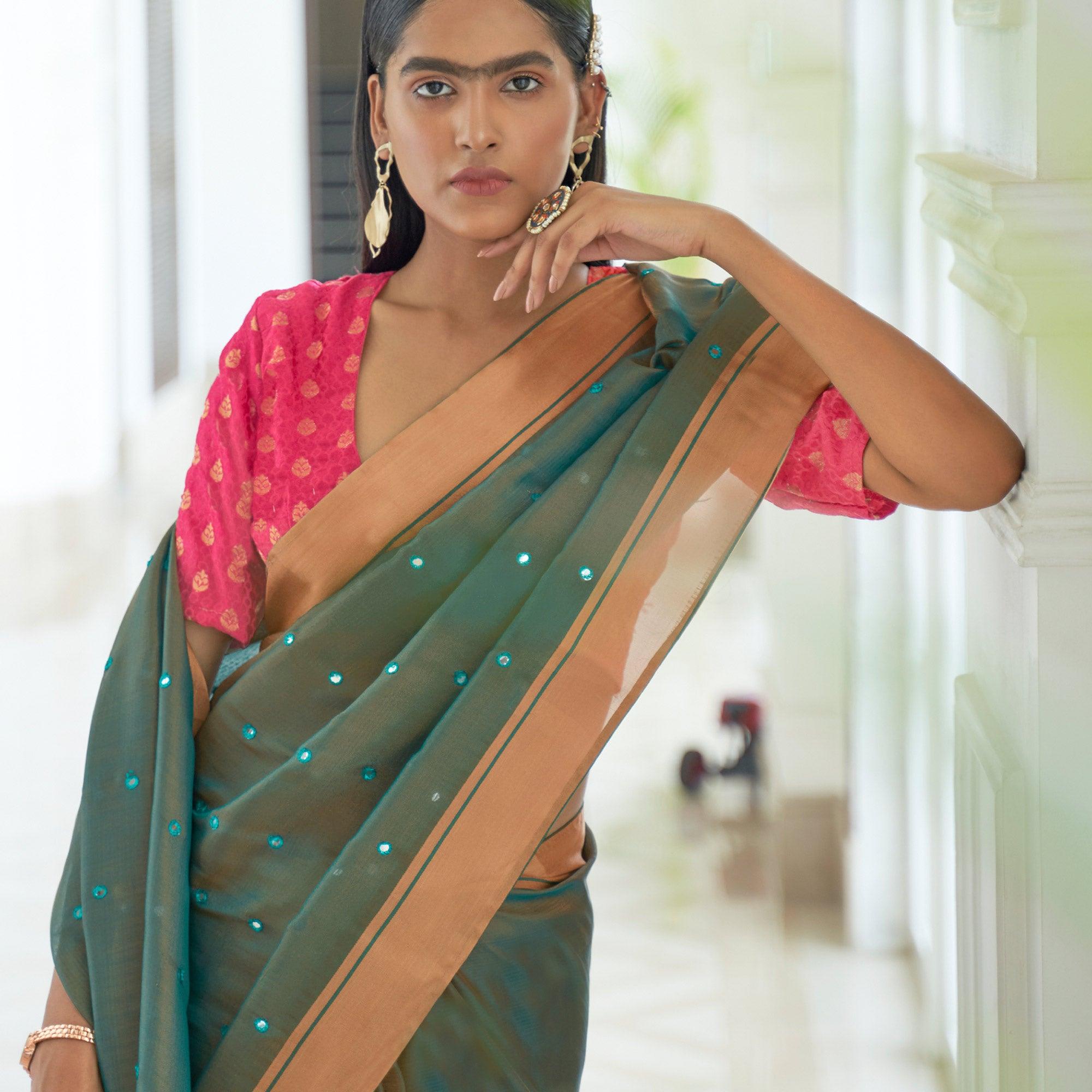 Green Festive Wear Mirror Work Handloom Silk Saree - Peachmode
