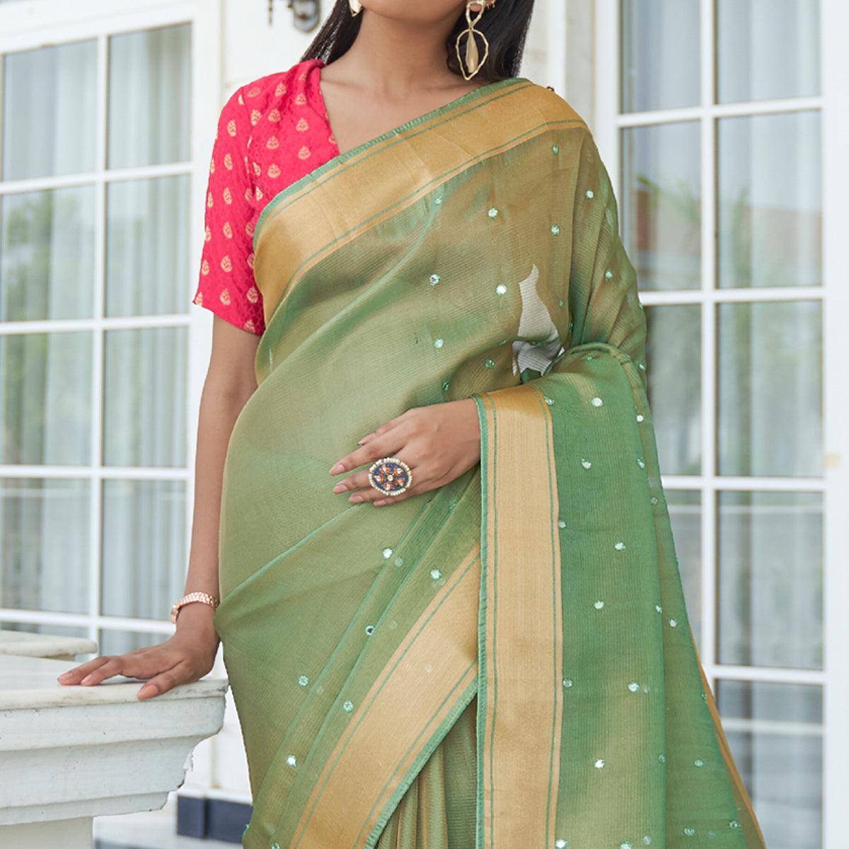 Green Festive Wear Mirror Work Handloom Silk Saree - Peachmode