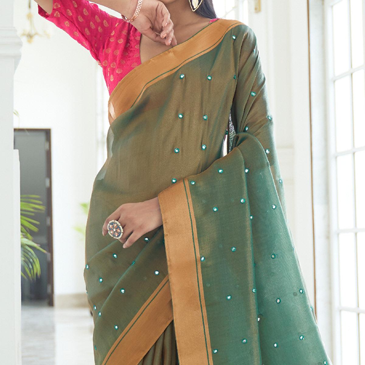 Green Festive Wear Mirror Work Handloom Silk Saree - Peachmode
