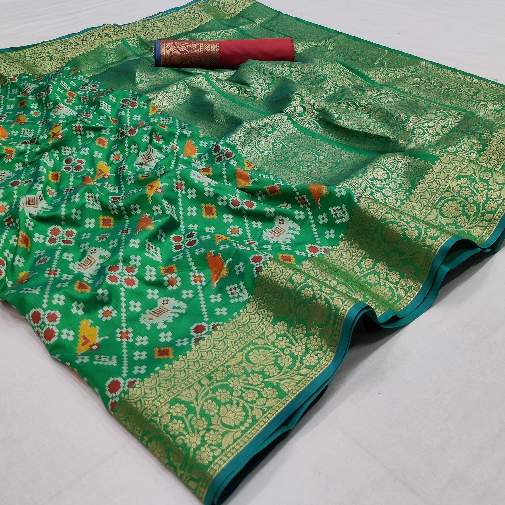Green Festive Wear Patola Printed Art Silk Saree - Peachmode