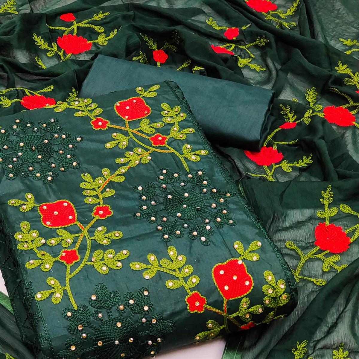 Green Festive Wear Pearl Work Embroidered Cotton Dress Material - Peachmode